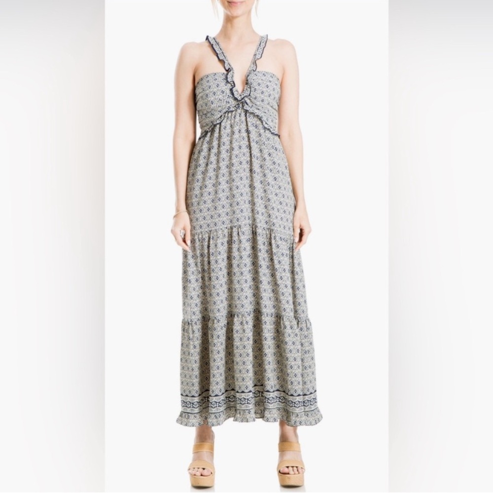 NWT Max Studio Boho Tiered Halter Maxi Dress, XL Geometric Print‎ Ruffle Straps